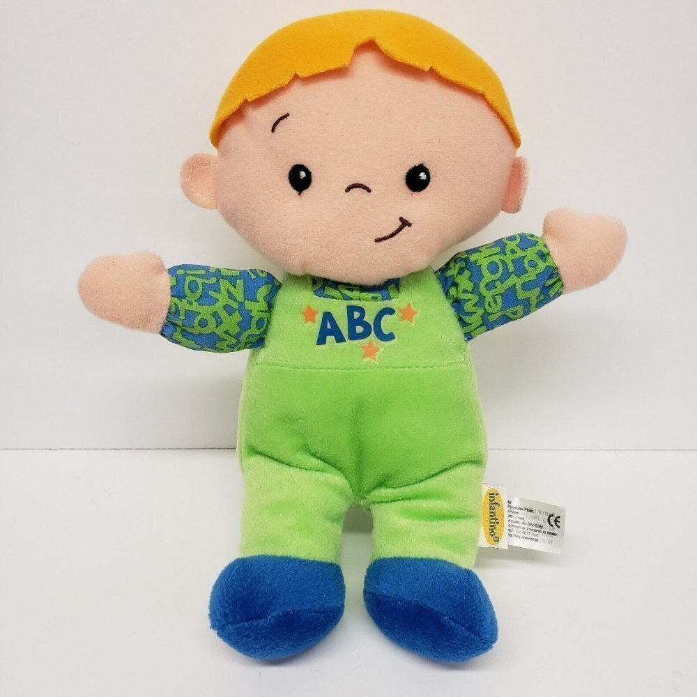 Infantino 9.5" ABC Boy Baby Doll Crinkle Arms Green Blue 2006 Plush